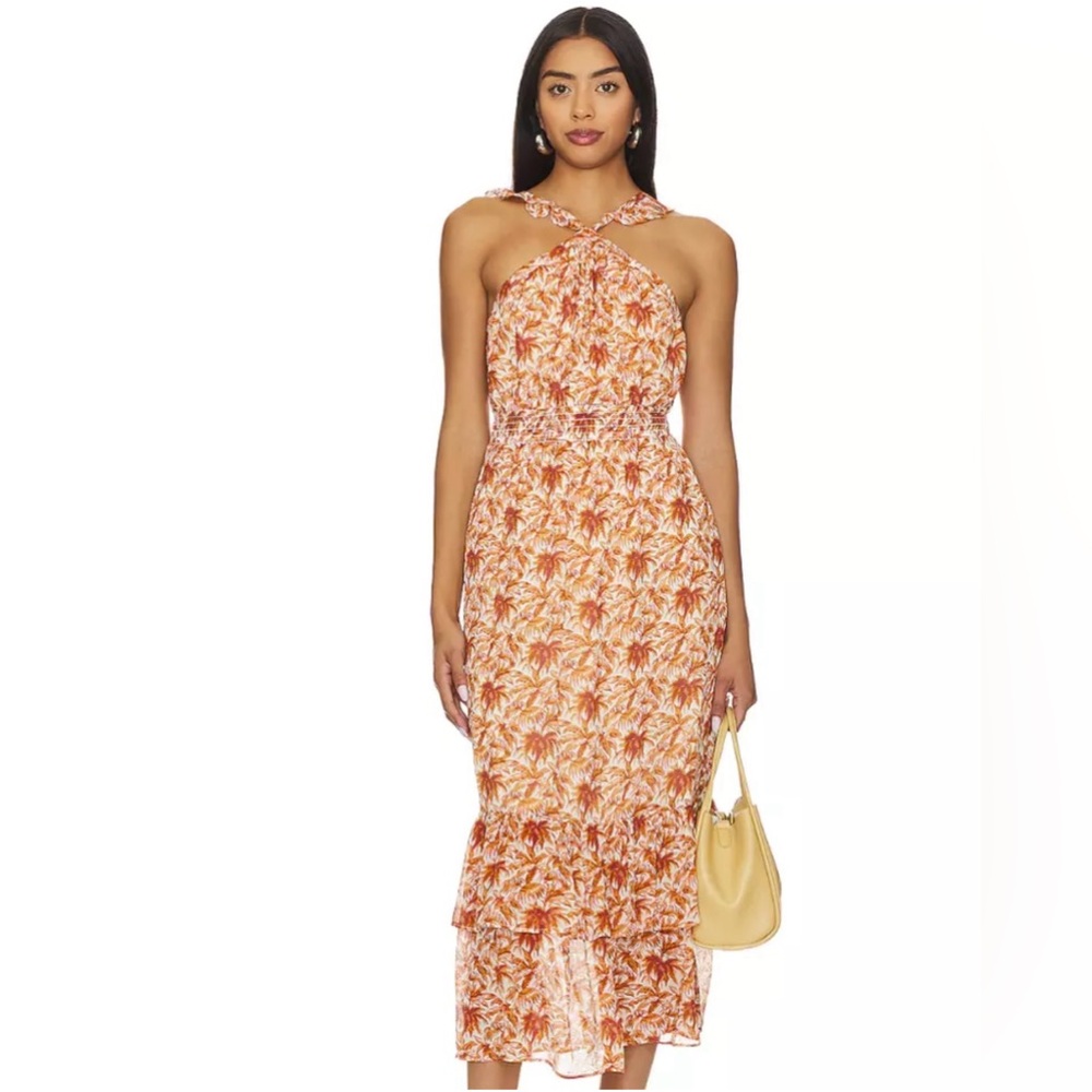 Paige Florencia Midi Dress Tan Floral Chiffon White & Cinnabar Sz M Orange Brown